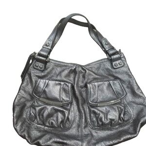 B Makowsky Metallic Silver Pewter Hobo Shoulder Handbag Satchel Double Handles